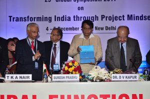 Suresh Prabhu , Union Minister of Industry & Commerce released the book 'Building A Project Oriented Society' authored by Ruchira Jain. (L-R) TKA Nair, Adesh Jain, Suresh Prabhu, Dr. D.V. Kapur 